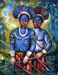 Voir le détail de cette oeuvre: les indians bleu dans lariviére amazonie